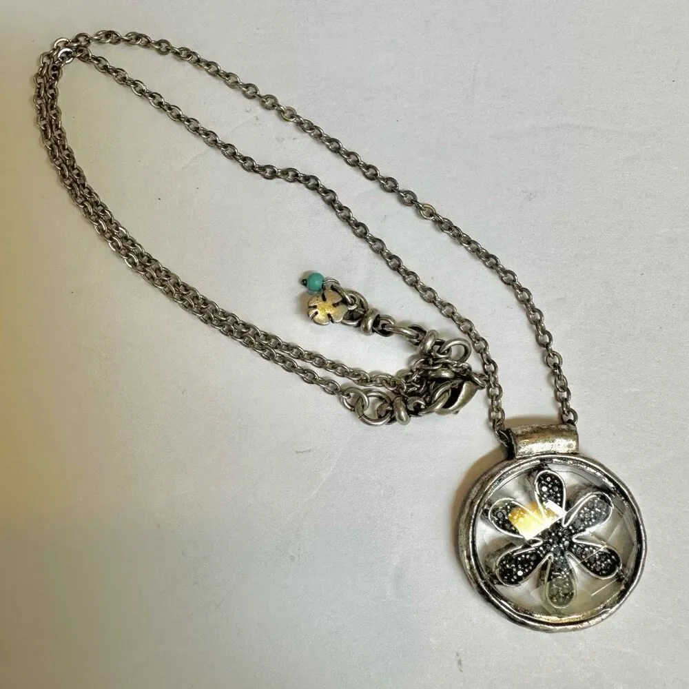 Lucky Brand Silver Tone Clear Crystal Daisy Pendant Necklace Brand